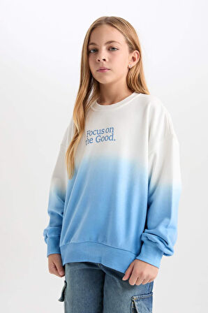 DeFacto Kız Çocuk Oversize Geniş Kalıp Bisiklet Yaka Degrade Baskılı Sweatshirt D2887A824WNBE756
