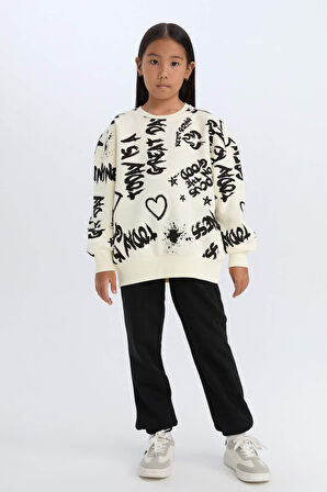 DeFacto Kız Çocuk 2'li Takım Desenli Kalın Bisiklet Yaka Sweatshirt Beli Lastikli Eşofman Altı D4871A824WNER103