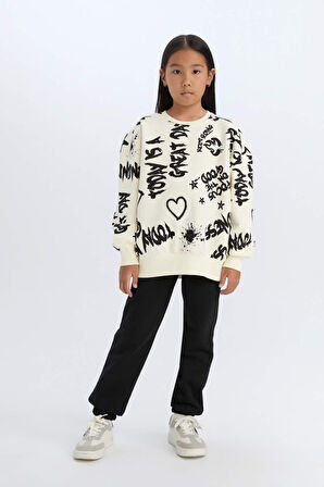 DeFacto Kız Çocuk 2'li Takım Desenli Kalın Bisiklet Yaka Sweatshirt Beli Lastikli Eşofman Altı D4871A824WNER103