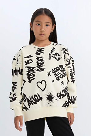 DeFacto Kız Çocuk 2'li Takım Desenli Kalın Bisiklet Yaka Sweatshirt Beli Lastikli Eşofman Altı D4871A824WNER103