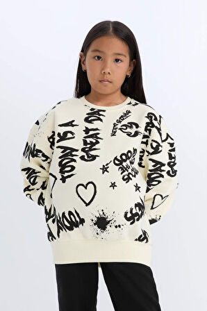 DeFacto Kız Çocuk 2'li Takım Desenli Kalın Bisiklet Yaka Sweatshirt Beli Lastikli Eşofman Altı D4871A824WNER103
