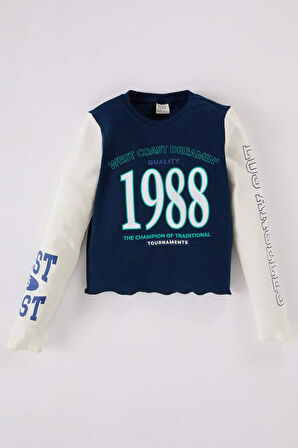 DeFacto Kız Çocuk Cropped Fit Bisiklet Yaka Baskılı Fitilli Kaşkorse Uzun Kollu Tişört D3433A824WNER99