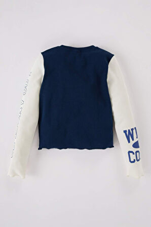 DeFacto Kız Çocuk Cropped Fit Bisiklet Yaka Baskılı Fitilli Kaşkorse Uzun Kollu Tişört D3433A824WNER99