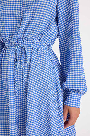 DeFacto Gömlek Yaka Pötikareli Düğmeli Beli Bağcıklı Gofre Dokulu Uzun Kollu Mini Elbise D5182AX24AUBE457