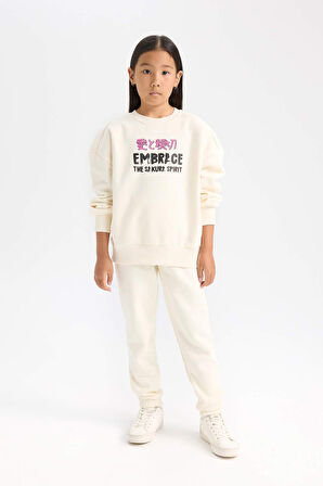 DeFacto Kız Çocuk 2'li Takım Baskılı Kalın Sweatshirt Üst Beli Lastikli Jogger Eşofman Altı D4869A824WNER99