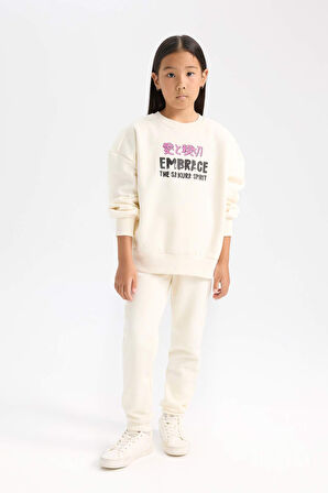 DeFacto Kız Çocuk 2'li Takım Baskılı Kalın Sweatshirt Üst Beli Lastikli Jogger Eşofman Altı D4869A824WNER99