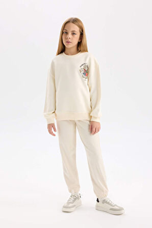 DeFacto Kız Çocuk Relax Fit Bisiklet Yaka Baskılı İçi Yumuşak Tüylü Sweatshirt D4272A824WNER233