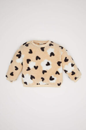 DeFacto Kız Bebek Bisiklet Yaka Kalp Desenli İçi Yumuşak Tüylü Welsoft Pelüş Sweatshirt D6196A5NSBG744
