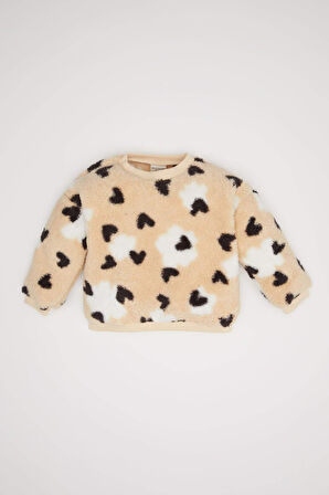 DeFacto Kız Bebek Bisiklet Yaka Kalp Desenli İçi Yumuşak Tüylü Welsoft Pelüş Sweatshirt D6196A5NSBG744