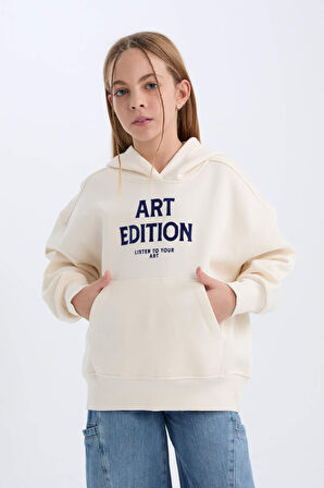 DeFacto Kız Çocuk Oversize Geniş Kalıp Kapüşonlu Baskılı İçi Yumuşak Tüylü Sweatshirt D4296A824WNER233