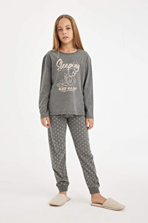 DeFacto Kız Çocuk Pijama Takımı Baskılı Uzun Kollu Üst Beli Lastikli Uzun Alt D6319A8NSAR198