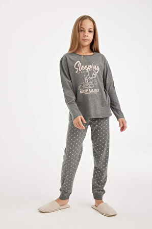 DeFacto Kız Çocuk Pijama Takımı Baskılı Uzun Kollu Üst Beli Lastikli Uzun Alt D6319A8NSAR198
