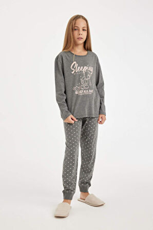 DeFacto Kız Çocuk Pijama Takımı Baskılı Uzun Kollu Üst Beli Lastikli Uzun Alt D6319A8NSAR198