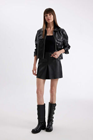 A Kesim Yüksek Bel Suni Deri Mini Etek