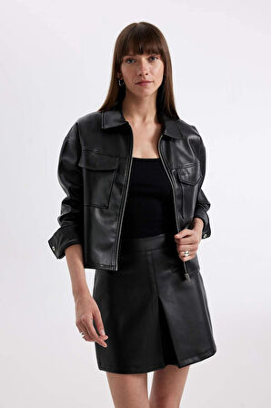 A Kesim Yüksek Bel Suni Deri Mini Etek