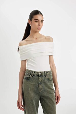 DeFacto Slim Fit Dar Kesim Omuzu Açık Ribana Kısa Kollu Tişört D2906AX24SMER105