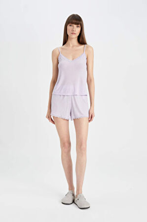 DeFacto Pijama Takımı Ribana Askılı Pijama Üstü Esnek Belli Şortlu Pijama Altı-Fall in Love C7996AX24HSPR77