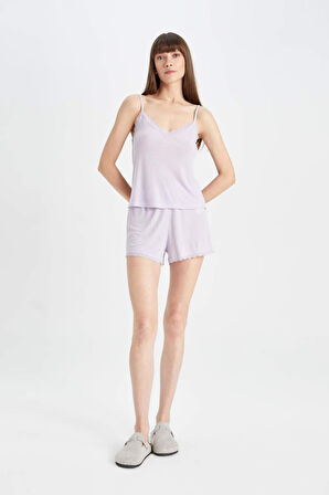 DeFacto Pijama Takımı Ribana Askılı Pijama Üstü Esnek Belli Şortlu Pijama Altı-Fall in Love C7996AX24HSPR77