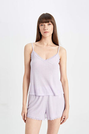 DeFacto Pijama Takımı Ribana Askılı Pijama Üstü Esnek Belli Şortlu Pijama Altı-Fall in Love C7996AX24HSPR77