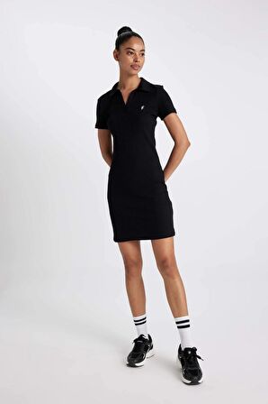 DeFactoFit Slim Fit Dar Kesim Polo Yaka Sporcu Kısa Kollu Elbise A7027AX24SMBK81