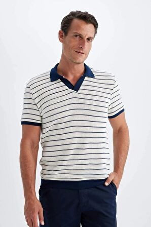 DeFacto Regular Fit Çizgili Triko Kısa Kollu Polo Tişört C4150AX24SMNV42