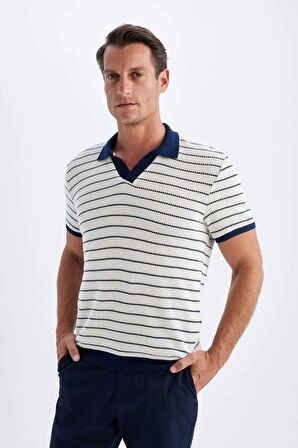 DeFacto Regular Fit Polo Yaka Çizgili Triko Kısa Kollu Tişört C4150AX24SMNV42