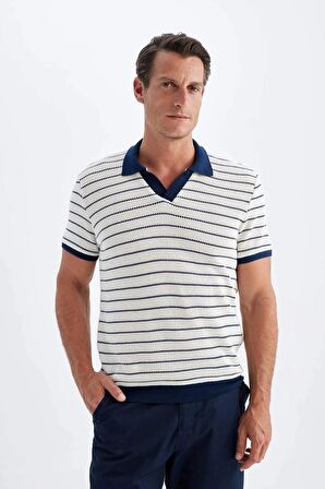 DeFacto Regular Fit Polo Yaka Çizgili Triko Kısa Kollu Tişört C4150AX24SMNV42