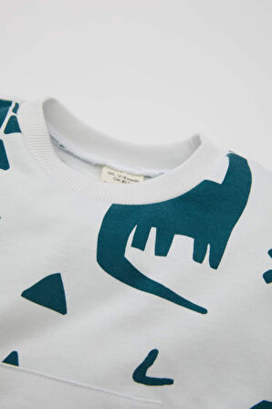 Erkek Bebek 2'li Takım Dinazor Desenli Bisiklet Yaka Sweatshirt Üst Beli Lastikli Jogger Eşofman Altı