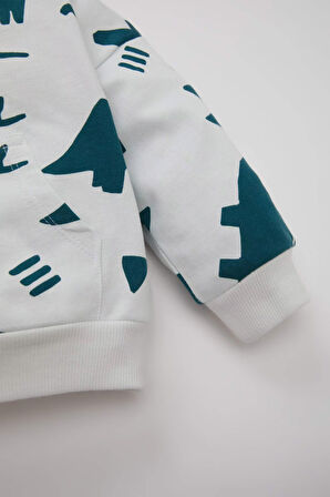 Erkek Bebek 2'li Takım Dinazor Desenli Bisiklet Yaka Sweatshirt Üst Beli Lastikli Jogger Eşofman Altı