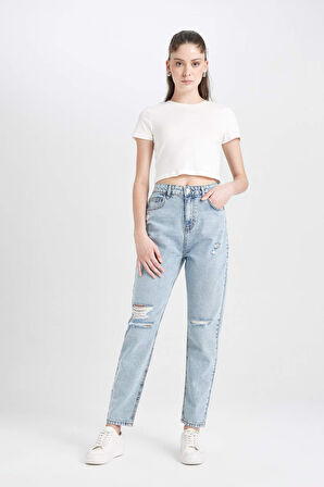 DeFacto Lina Mom Fit Yıkamalı Jean Pantolon Yırtık Detaylı Yüksek Bel Bilek Boy C7615AX24AUNM39