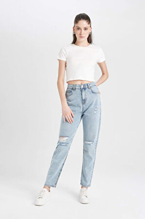 DeFacto Lina Mom Fit Yıkamalı Jean Pantolon Yırtık Detaylı Yüksek Bel Bilek Boy C7615AX24AUNM39