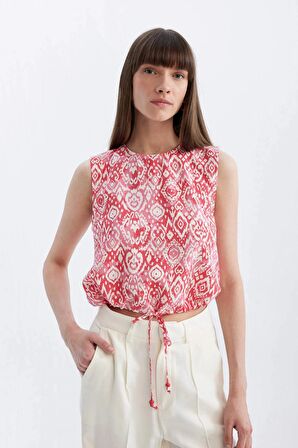 DeFacto Fitted Desenli Yuvarlak Yaka Kolsuz Bluz D2969AX24SMPN541