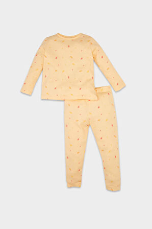 DeFacto Kız Bebek Pijama Takımı Yiyecek Baskılı Waffle Uzun Kollu Üst Uzun Alt D3615A524WNBG411