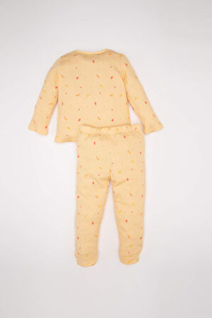 DeFacto Kız Bebek Pijama Takımı Yiyecek Baskılı Waffle Uzun Kollu Üst Uzun Alt D3615A524WNBG411