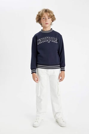 DeFacto Erkek Çocuk Lacivert Oversize Geniş Kalıp Bisiklet Yaka Baskılı Sweatshirt D1911A824WNNV135