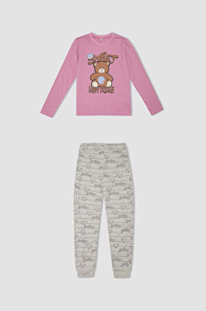 Kız Çocuk Ayıcık Baskılı Uzun Kollu Üst Beli Lastikli Desenli Uzun Alt Pijama Takımı