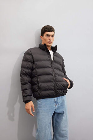 Regular Fit Dik Yaka Fermuarlı Çift Cepli Mevsimlik Hafif Şişme Mont