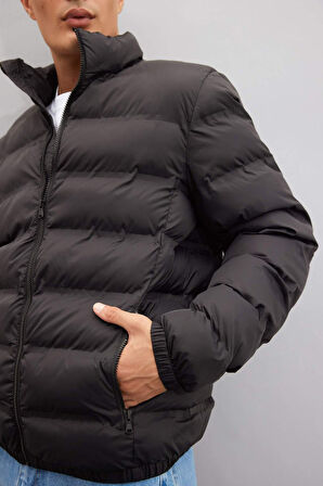 Regular Fit Dik Yaka Fermuarlı Çift Cepli Mevsimlik Hafif Şişme Mont