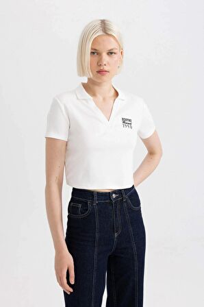 DeFacto Fitted Polo Yaka Baskılı Kısa Kollu Beyaz Tişört C7655AX24SMWT32