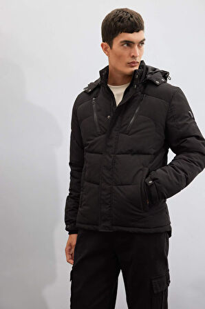 DeFacto Su İtici Mont Slim Fit Dar Kesim Kapüşonlu Polar Astarlı Fermuarlı U9773AZ24WNBK27