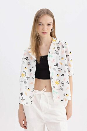 DeFacto Coool Oversize Pijama Yaka Desenli Kısa Kollu %100 Pamuk Gömlek A6863AX24SMWT32