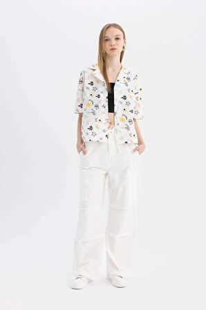 DeFacto Coool Oversize Pijama Yaka Desenli Kısa Kollu %100 Pamuk Gömlek A6863AX24SMWT32