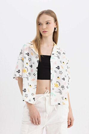 DeFacto Coool Oversize Pijama Yaka Desenli Kısa Kollu %100 Pamuk Gömlek A6863AX24SMWT32