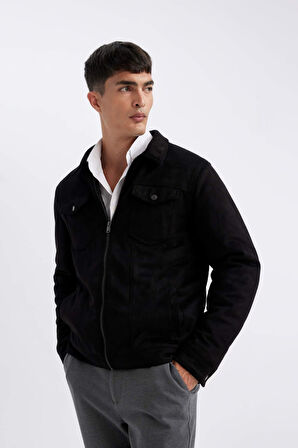 Slim Fit Süet Mont Dar Kesim Gömlek Yaka Fermuarlı Cepli