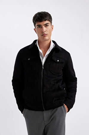 Slim Fit Süet Mont Dar Kesim Gömlek Yaka Fermuarlı Cepli