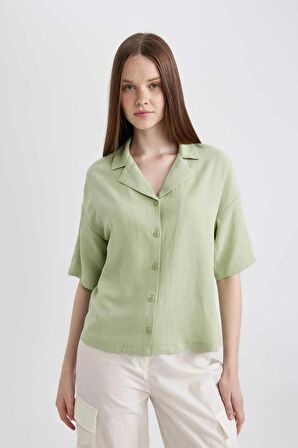 DeFacto Oversize Fit Pijama Yaka Keten Karışımlı Kısa Kollu Gömlek U2927AZ24SMGN1216