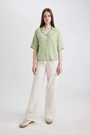 DeFacto Oversize Fit Pijama Yaka Keten Karışımlı Kısa Kollu Gömlek U2927AZ24SMGN1216