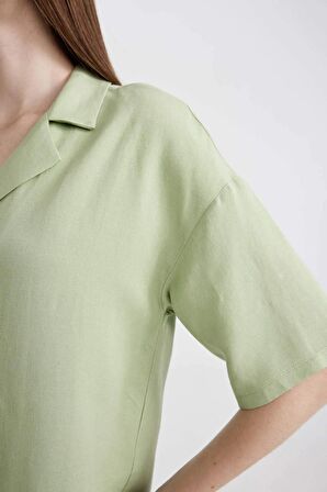 DeFacto Oversize Fit Pijama Yaka Keten Karışımlı Kısa Kollu Gömlek U2927AZ24SMGN1216