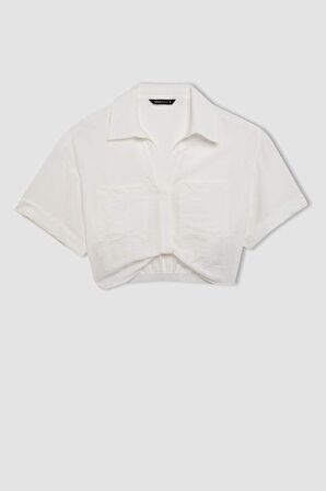 DeFacto Cropped Fit Gömlek Yaka Twill Kısa Kollu Bluz C7799AX24SMER105