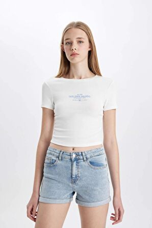 DeFacto Fitted Bisiklet Yaka Baskılı Ribana Kısa Kollu Beyazz Tişört D0346AX24HSWT32